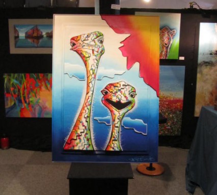 Abstracte struisvogels schilderij drie dimensionaal